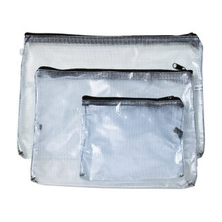 Mesh bag aus transparentem PVC<br>mit Netzgewebe verstärkt, Reißverschluss<br>Größen: A7/A6/A5/A4/A3/A2/<br>B6/B5/B4/DIN-Lang